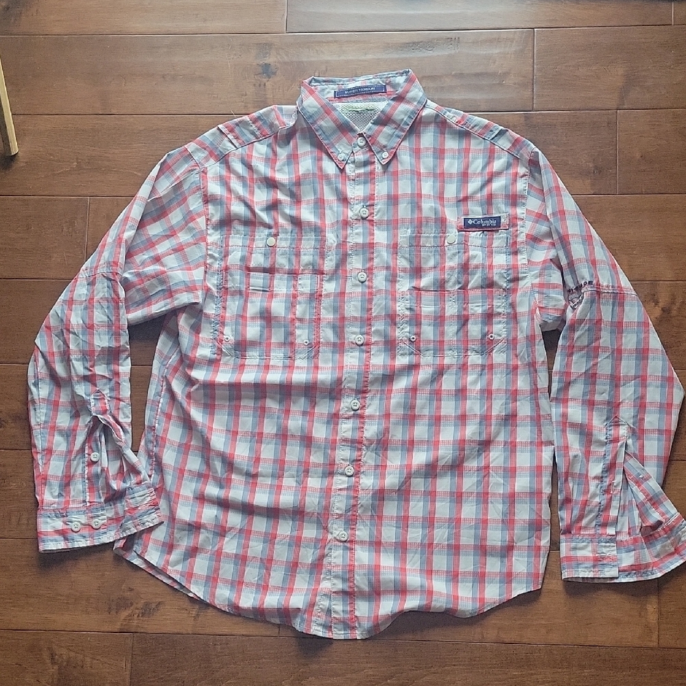 Columbia Men's PFG Red and Gray Plaid Shirt
